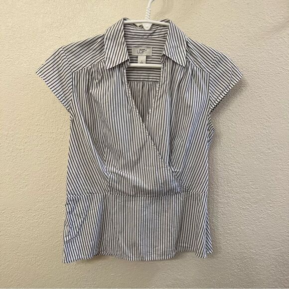 LOFT Navy and White Striped Cap Sleeve Blouse - Picture 1 of 4